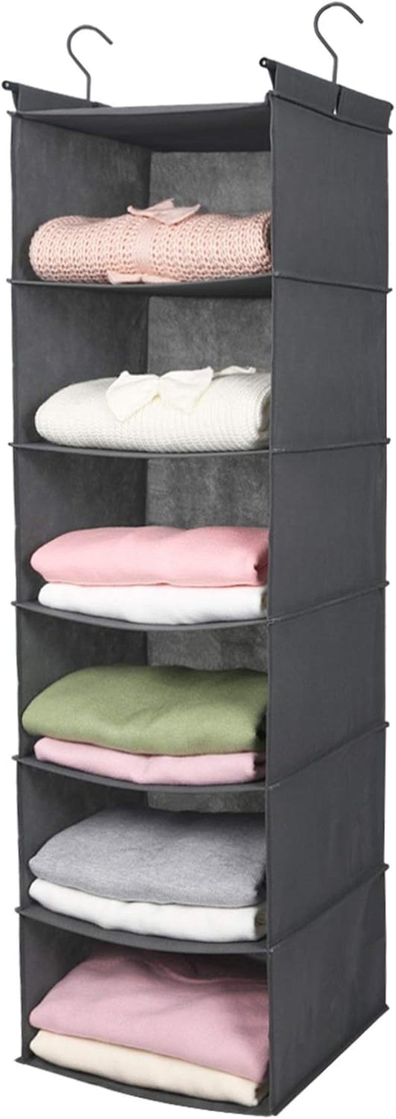 6 Tier Shelf Hanging Closet Organiser, Closet Hanging Shelf with 2 Sturdy Hooks for Storage, Foldable (Grey)