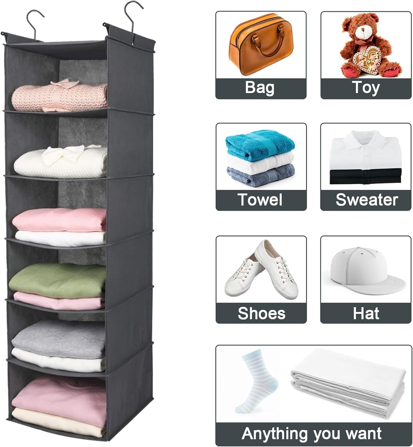 6 Tier Shelf Hanging Closet Organiser, Closet Hanging Shelf with 2 Sturdy Hooks for Storage, Foldable (Grey)