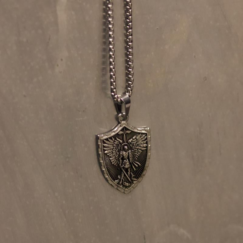 Michael the Archangel Psalm 27:1 Engraved Shield Necklace with Men’S Stainless Steel Chain
