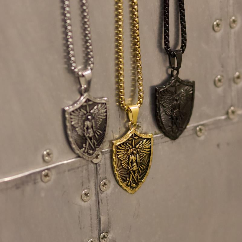 Michael the Archangel Psalm 27:1 Engraved Shield Necklace with Men’S Stainless Steel Chain