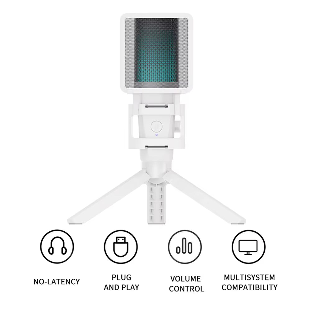 Zealsound USB Condenser Recording Microphone White RGB Streaming Mic for PC and Mac with Android Phone Adapter Headphone Output
