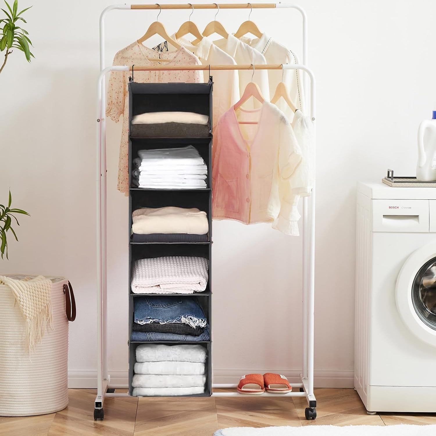 6 Tier Shelf Hanging Closet Organiser, Closet Hanging Shelf with 2 Sturdy Hooks for Storage, Foldable (Grey)