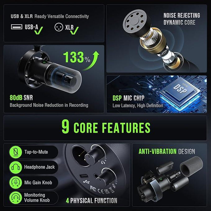 FIFINE K688CT USB/XLR Dynamic Podcast Microphone – Pro Mic Kit with Adjustable Boom Arm, Mute & Monitor for Streaming, Gaming, Vocal & Music Recording Audio, for PC Smartphone Mixer