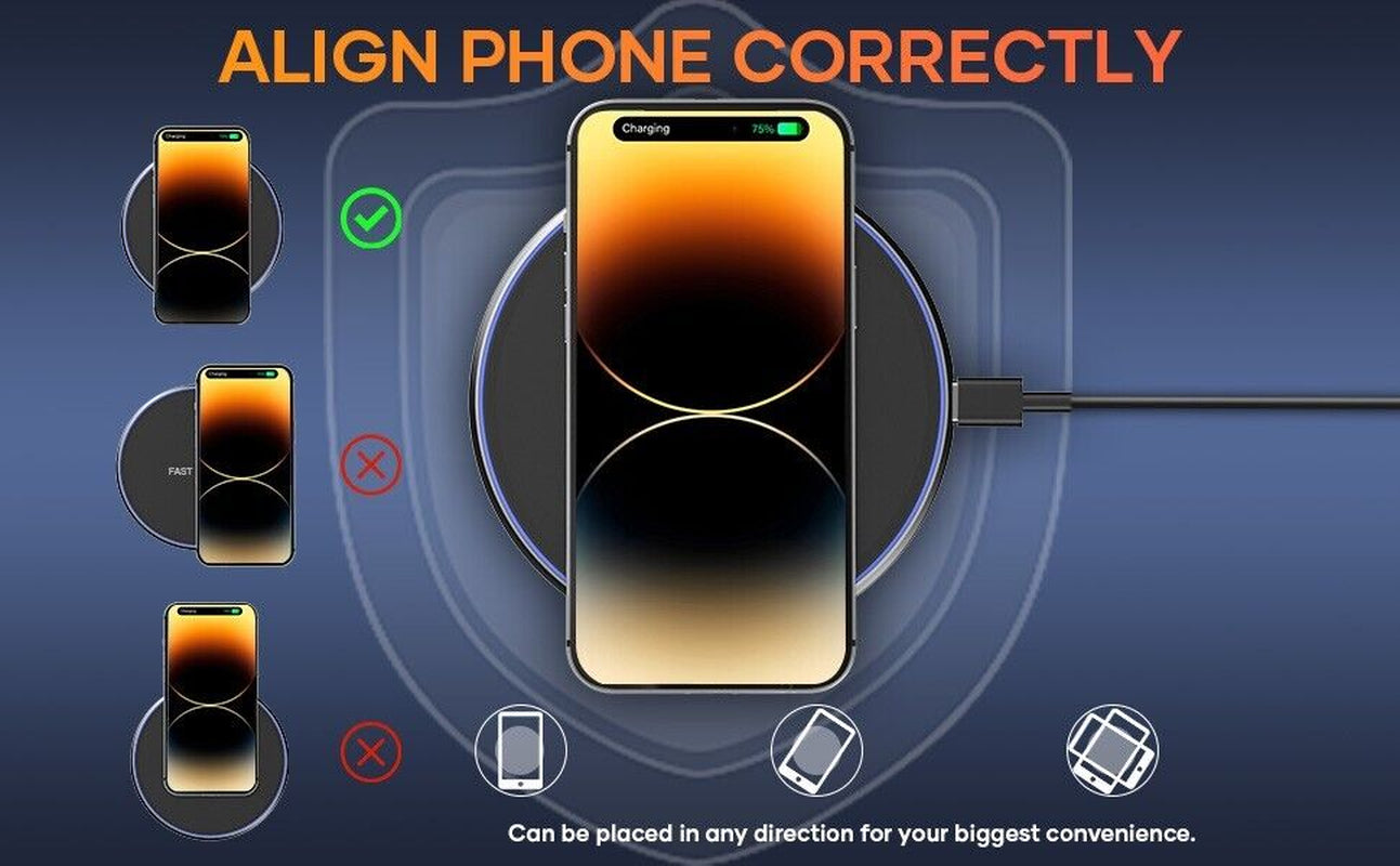 Fast Wireless Charger Charging Pad for Apple Iphone 16 & Samsung , Google Pixel