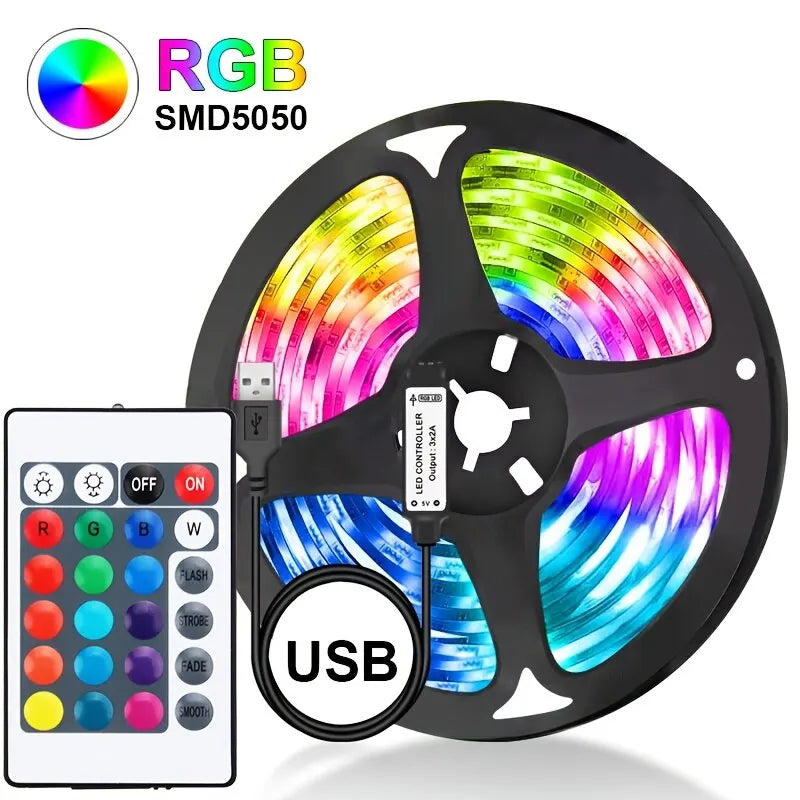 Led USB Strip Light 5M Color Changing 5050 RGB LED Flexible Lights with 24 Keys for Children Gaming Room Home Party TV Backlight