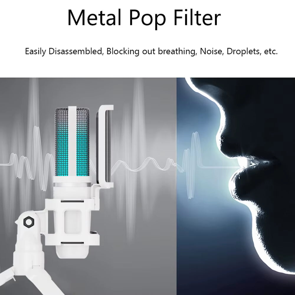 Zealsound USB Condenser Recording Microphone White RGB Streaming Mic for PC and Mac with Android Phone Adapter Headphone Output