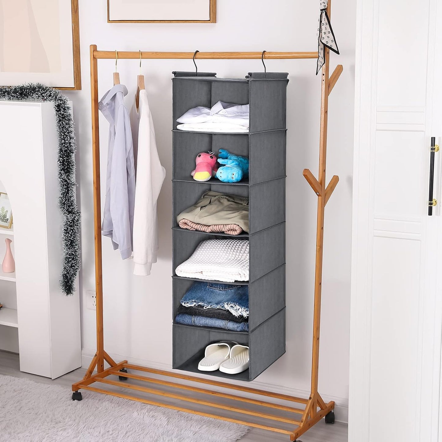 6 Tier Shelf Hanging Closet Organiser, Closet Hanging Shelf with 2 Sturdy Hooks for Storage, Foldable (Grey)