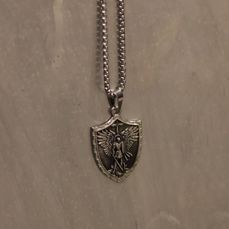 Michael the Archangel Psalm 27:1 Engraved Shield Necklace with Men’S Stainless Steel Chain