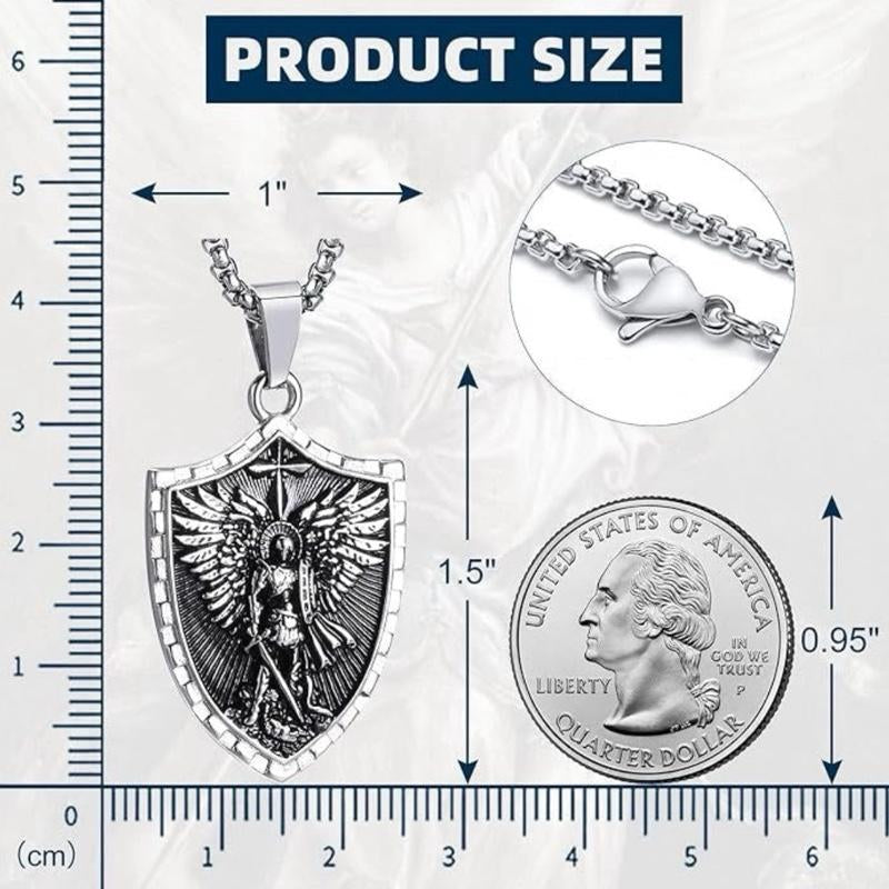 Michael the Archangel Psalm 27:1 Engraved Shield Necklace with Men’S Stainless Steel Chain