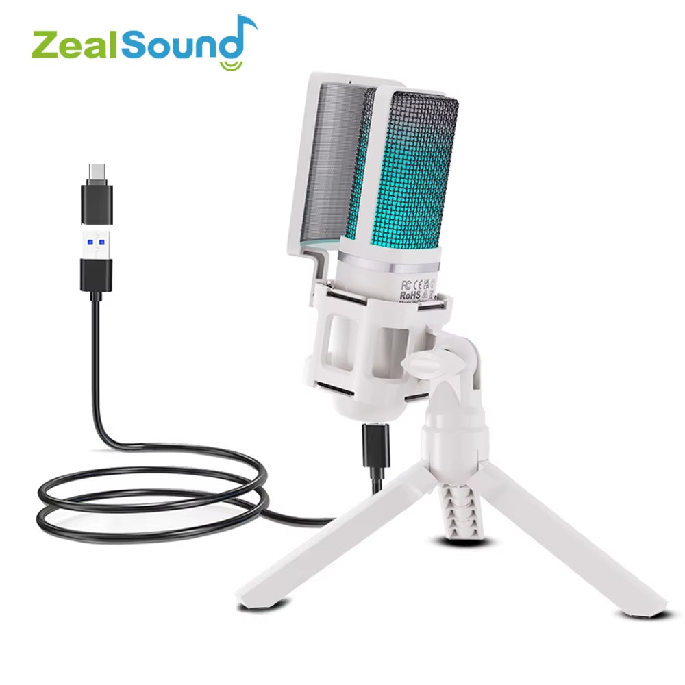 Zealsound USB Condenser Recording Microphone White RGB Streaming Mic for PC and Mac with Android Phone Adapter Headphone Output