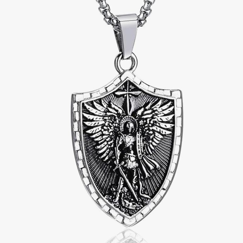 Michael the Archangel Psalm 27:1 Engraved Shield Necklace with Men’S Stainless Steel Chain