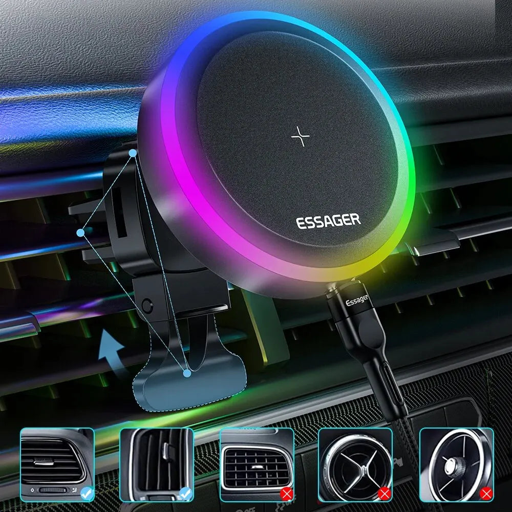 RGB Magnetic Car Phone Holder Qi 15W Wireless Charger Car for Iphone 14 13 Pro Max Samsung Phone Holder Stand