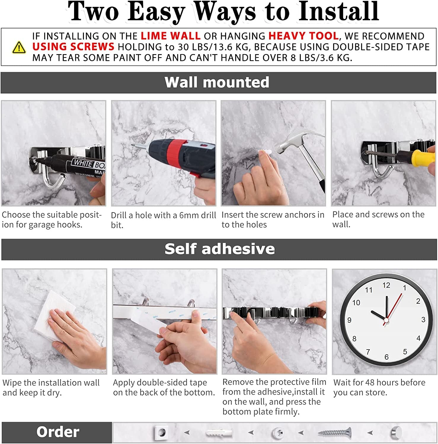 5 Holders+4 Hooks Broom Holder Wall Mounted with Nails Installation, Heavy Duty Stainless Steel Mop Holder, Brush Mop and Broom Storage Self Adhesive