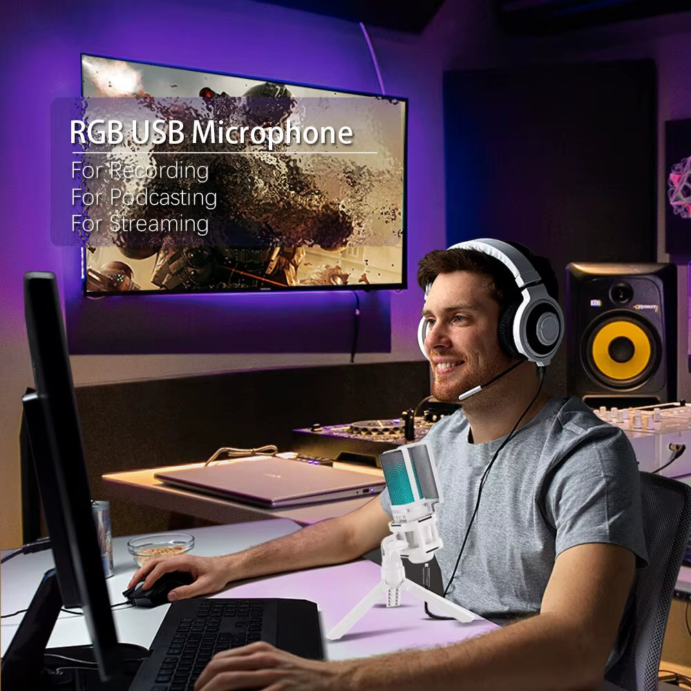 Zealsound USB Condenser Recording Microphone White RGB Streaming Mic for PC and Mac with Android Phone Adapter Headphone Output