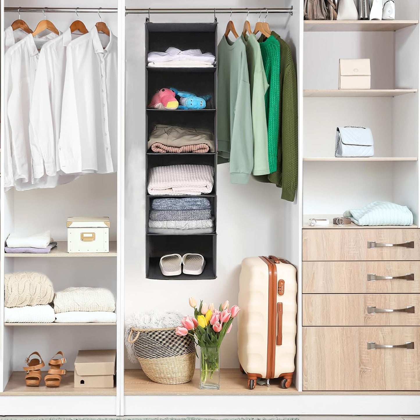 6 Tier Shelf Hanging Closet Organiser, Closet Hanging Shelf with 2 Sturdy Hooks for Storage, Foldable (Grey)